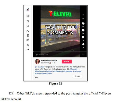 （图：起诉书中引用了一位用户在7-11买到Labubu假货后退货无门的视频链接）